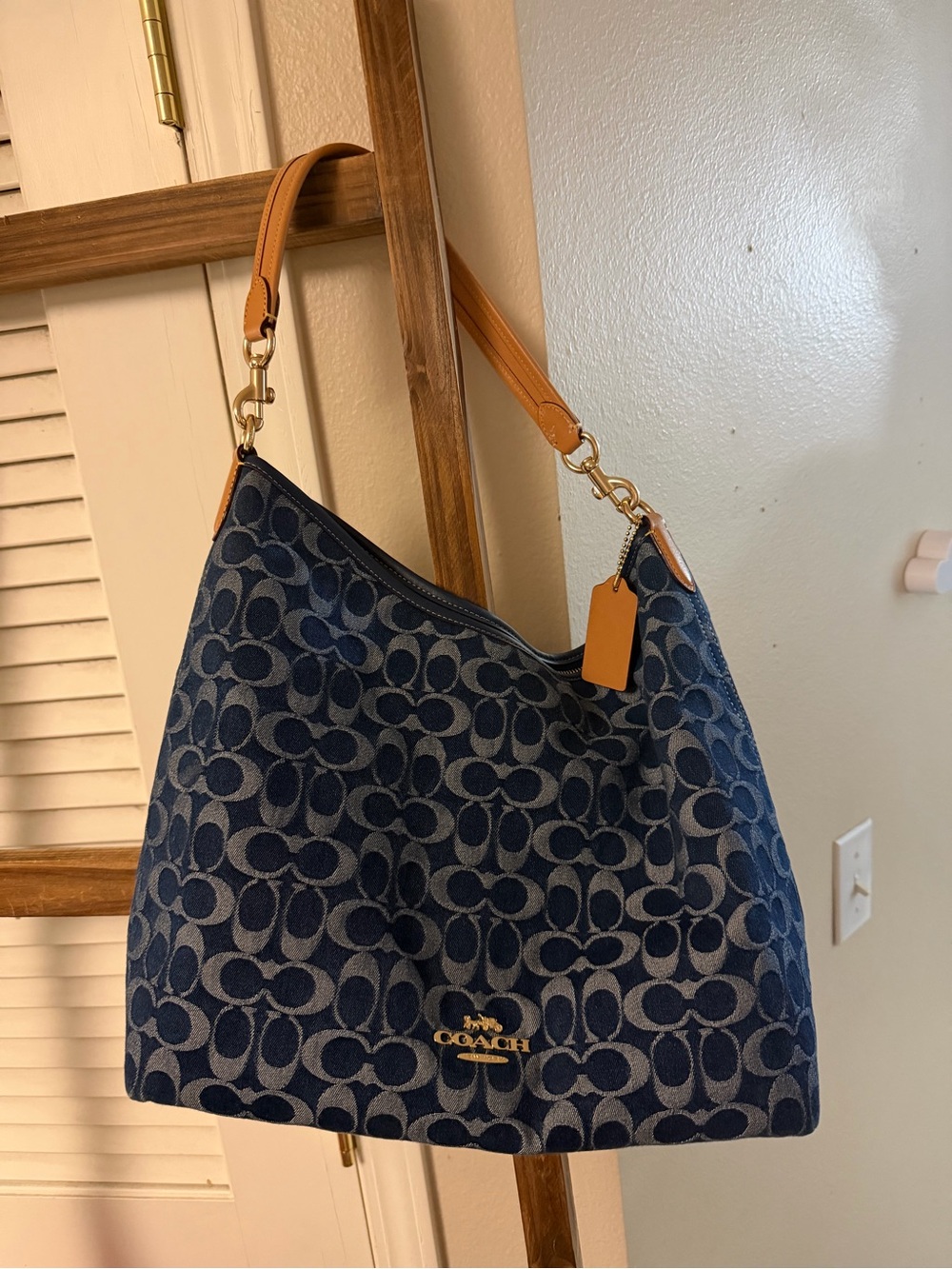 Coach Blue Signature Jacquard Shoulder Bag with Tan Strap